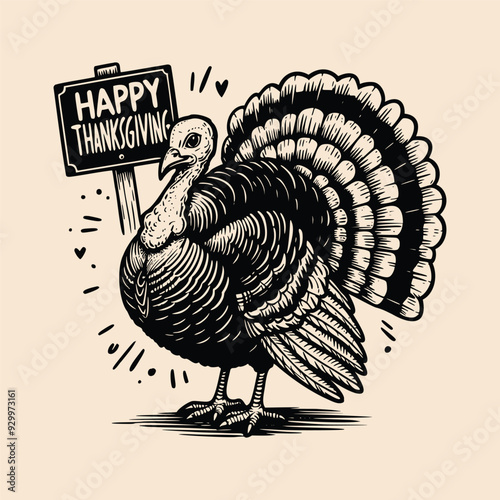 Happy thanksgiving day, vintage drawing of a turkey with a label that says happy thanksgiving, vector illustration