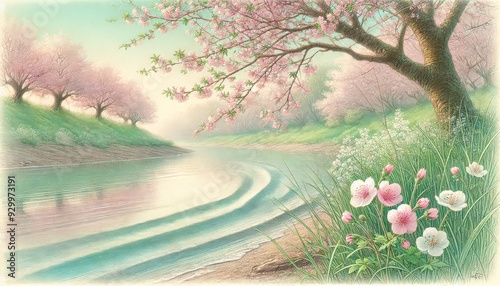 A peaceful riverbank with blossoming cherry trees in soft pastels, capturing the quiet beauty of spring as the water gently reflects the delicate pink flowers and lush greenery of the surrounding land