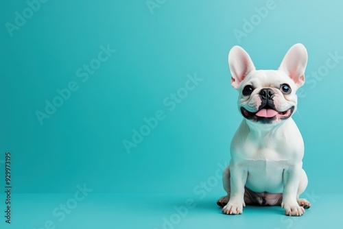 A cheerful French Bulldog displays its playful demeanor while sitting against a bright turquoise background.