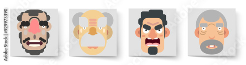 Set of vector faces. Old people of different nationalities with emotional expression on their faces. Close-up portraits in caricature style.