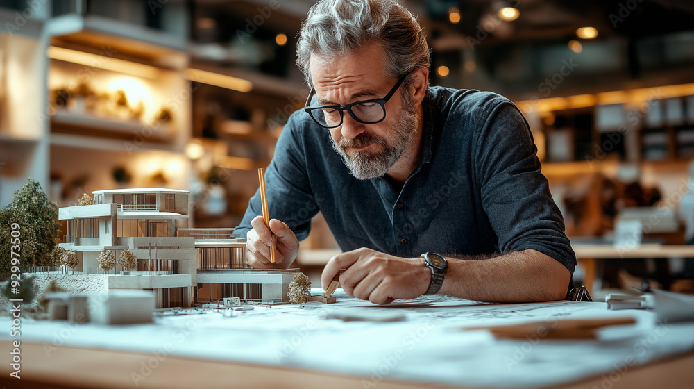 Architect in an Office Studio, reviewing blueprints and architectural models, with drafting tools and design sketches Architect in an Office Studio, reviewing blueprints and architectural models, with drafting tools and design sketches