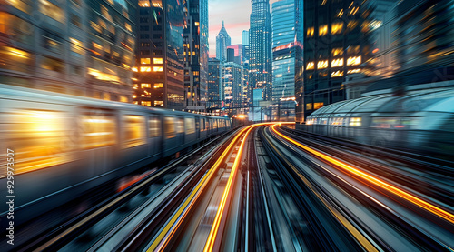 Blurred motion of trains in the city at night, generative ai