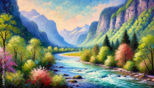 A serene river flowing through a lush valley surrounded by towering mountains and blooming trees, capturing the vibrant energy and tranquil beauty of a springtime landscape in nature.