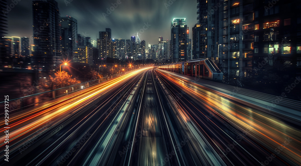 Fototapeta premium Blurred motion of trains in the city at night, generative ai