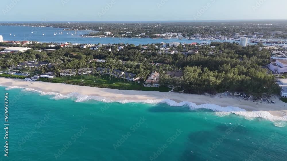 Beautiful cinematic aerial view of the Nassau Bahamas luxury cruise ship port Beautiful cinematic aerial view of the Nassau Bahamas luxury cruise ship port