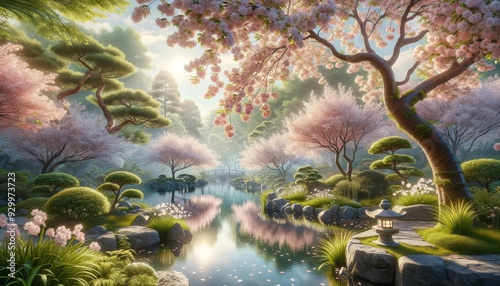 Tranquil spring garden with blossoming cherry trees and serene water reflections, surrounded by lush greenery and traditional Japanese stone lanterns, creating a peaceful and harmonious Zen-like atmos
