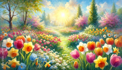 A peaceful garden filled with colorful flowers and lush greenery, bathed in soft morning light, offering a serene escape into nature's beauty and tranquility.