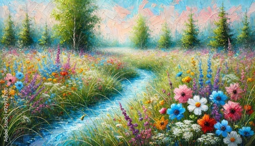 Vibrant spring meadow bursting with colorful wildflowers and lush greenery, with a serene stream winding through, creating a picturesque and peaceful nature scene perfect for a tranquil outdoor escape