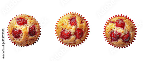 Flat lay three piece of strawberry muffins isolated on transparent background. top view