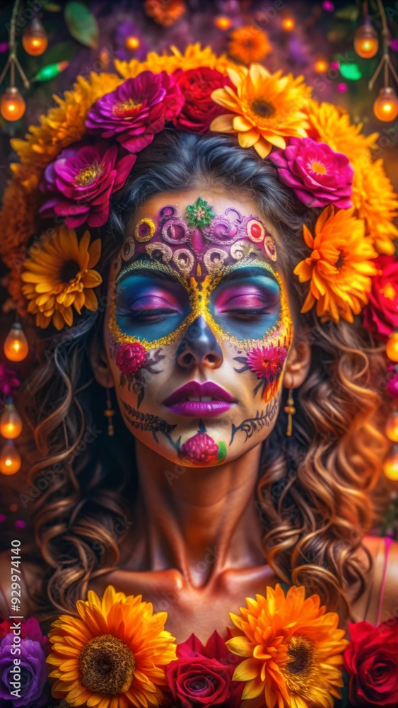 A woman is adorned with intricate Día de los Muertos face paint, which features vibrant, symmetrical patterns and a delicate skull design. A woman is adorned with intricate Día de los Muertos face paint, which features vibrant, symmetrical patterns and a delicate skull design.