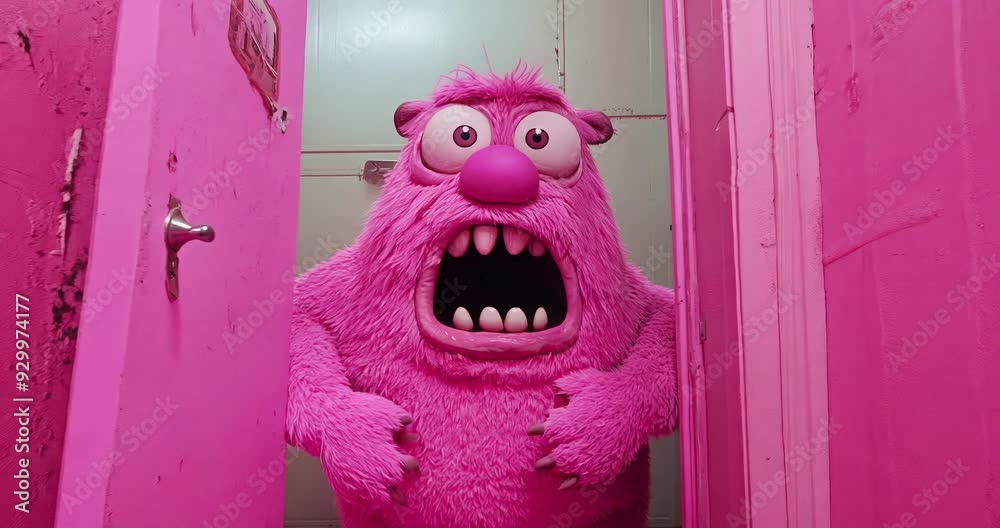 Surprised pink monster in a pink door location.