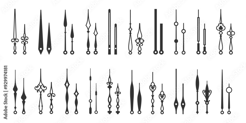 Clock arms. Black hands of clocks, isolated time pointers various design. Retro and modern watches elements, steampunk vintage racy vector clipart