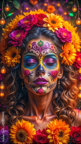 A woman is adorned with intricate Día de los Muertos face paint, which features vibrant, symmetrical patterns and a delicate skull design.