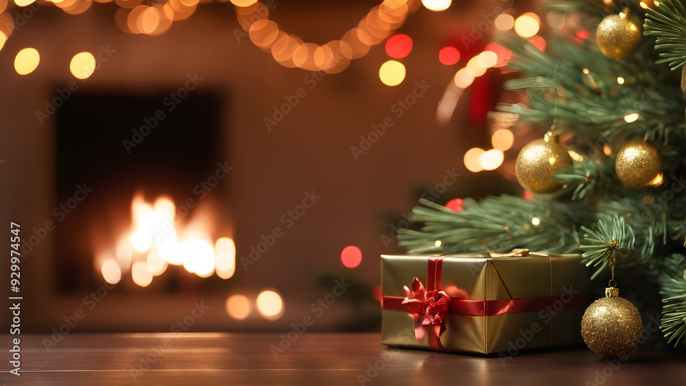 Close up of gold gift box with red bow ribbon on table nearby Christmas pine tree adorned gold shiny ball against blurry fireplace on background, House interior decoration Close up of gold gift box with red bow ribbon on table nearby Christmas pine tree adorned gold shiny ball against blurry fireplace on background, House interior decoration