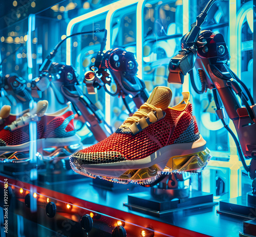 A robotic arm is producing colorful sneakers, generative ai