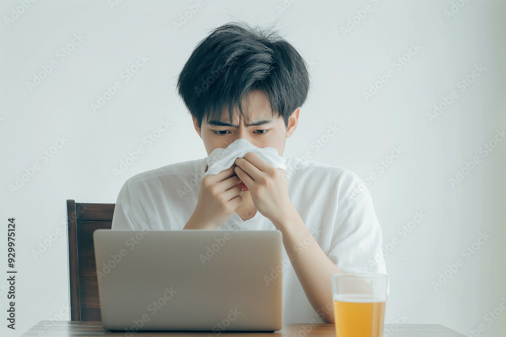 A sick young Asian man sits at a table on a chair in front of a laptop in a modern bright room, holds a handkerchief in his hand and wipes his nose with a napkin. Colds, flu. Advertising banner. A sick young Asian man sits at a table on a chair in front of a laptop in a modern bright room, holds a handkerchief in his hand and wipes his nose with a napkin. Colds, flu. Advertising banner.