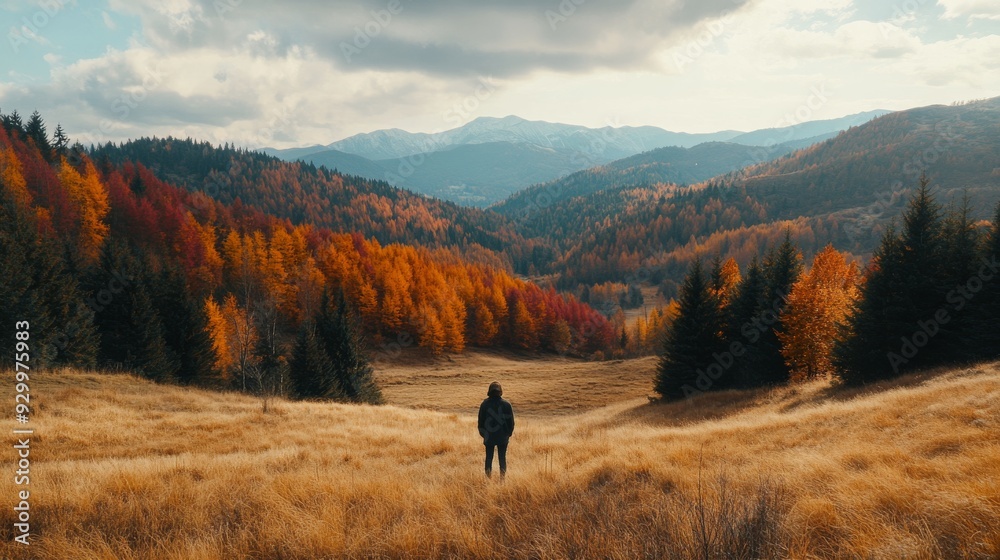 A beautiful autumn landscape with colorful trees in the mountains and a person standing on a hill, enjoying nature. A beautiful autumn landscape with colorful trees in the mountains and a person standing on a hill, enjoying nature.