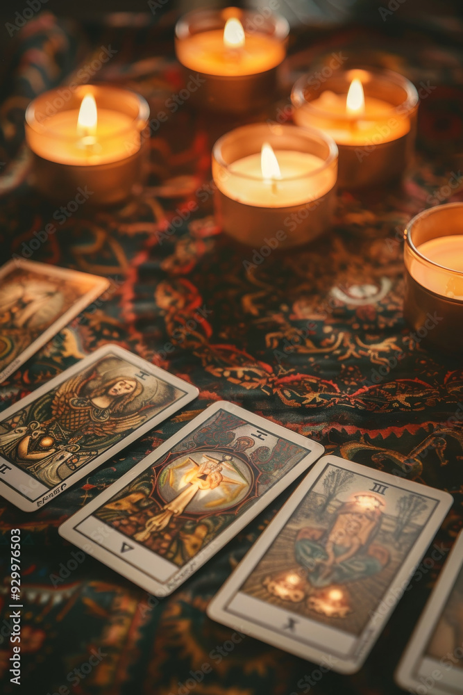 Fototapeta premium A set of mystical tarot cards displayed on a wooden surface, surrounded by glowing candles and red berries, creating a warm and enchanting atmosphere.