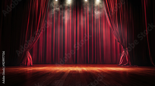 Red stage curtains opening on an empty stage with spotlights