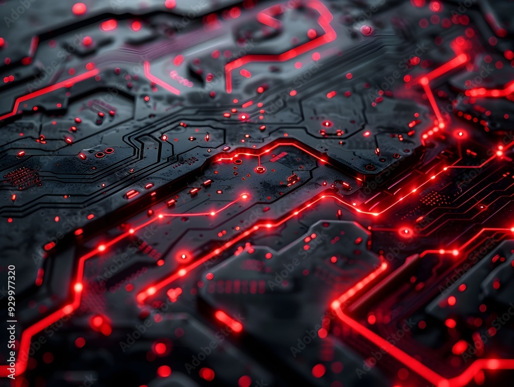 Close-up of a circuit board with glowing red lines and intricate patterns in a dark environment Close-up of a circuit board with glowing red lines and intricate patterns in a dark environment