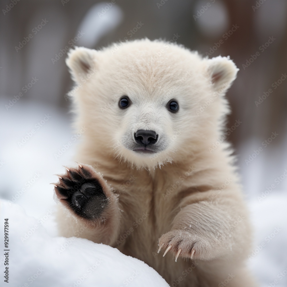 Obraz premium Bear cub resting in a serene snowy environment