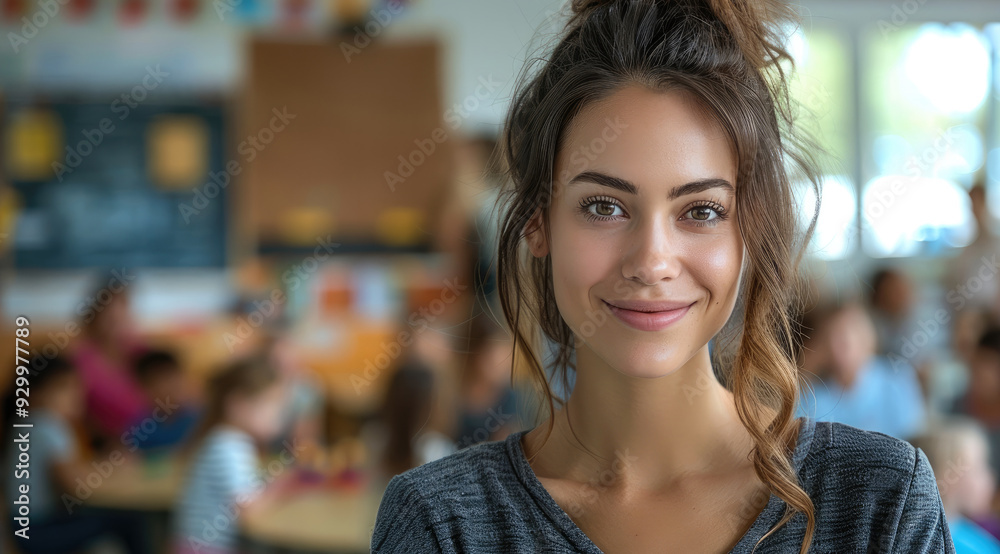 Portrait of an attractive and smiling teacher standing in front, wearing business casual with dark gray colors. In the background is a classroom full of children sitting at round tables playing games. Portrait of an attractive and smiling teacher standing in front, wearing business casual with dark gray colors. In the background is a classroom full of children sitting at round tables playing games.