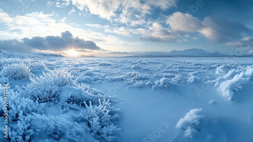 A panoramic view of a frozen landscape with sparkling ice crystals covering a tranquil, snow-covered terrain.