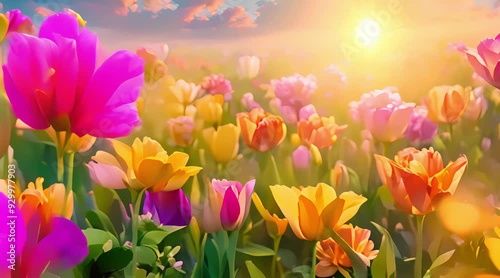 beautiful background of colorful flowers with bright atmosphere, 4k video, generated ai