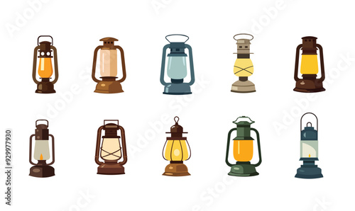 Vintage camping lantern set isolated on white background, kerosene lantern set, cartoon vector illustration, collection of retro gas lamp