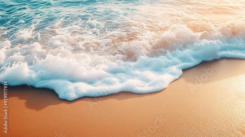 Tranquil close up of gentle ocean waves washing ashore on sandy beach, creating a serene atmosphere