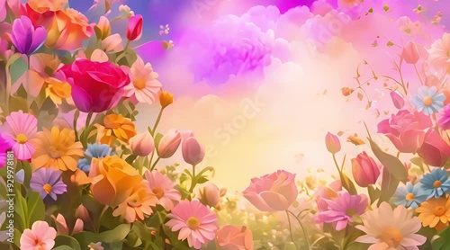 beautiful background of colorful flowers with bright atmosphere, 4k video, generated ai