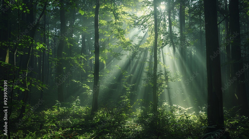 Obraz premium Morning in the woods. The dense forest has tall trees and sunlight streaming through the canopy and a quiet atmosphere on the forest floor