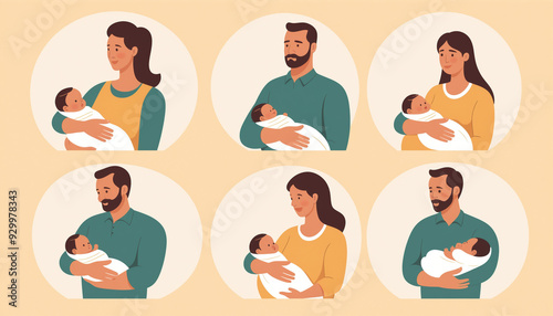 Set illustrations famille parents maman papa tenant bras bébé enfant.