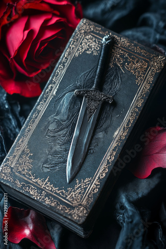 Close-up of a gothic dagger resting on an ornate black book, with a red rose, evoking themes of mystery and romance.

