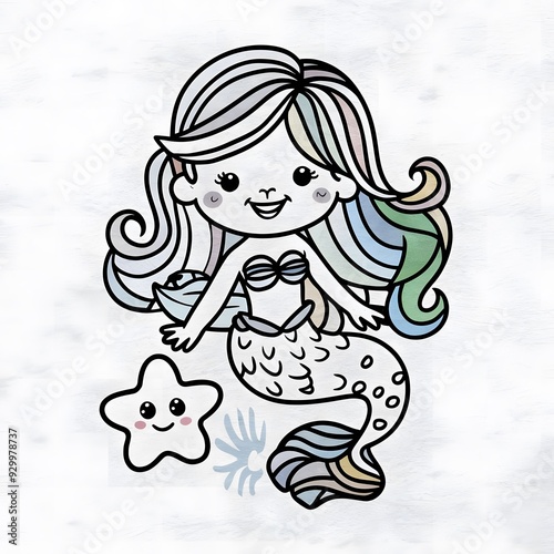 Charming Mermaid with flowing hair and a starfish friend simple thick black line art for children cartoon coloring book pages. Clean drawing on white background