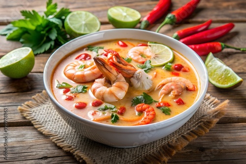 Vibrant Thai cuisine showcases healthy noodle soups, spicy chicken curry, and shrimp delights in colorful bowls