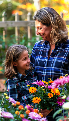 Woman and Girl Smiling with a Bouquet of Flowers