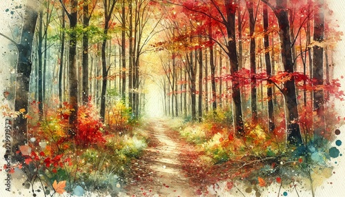 Enchanting Autumn Forest Trail with Vibrant Foliage and Serene Path in Watercolor Style, Capturing the Tranquility of Nature in Fall
