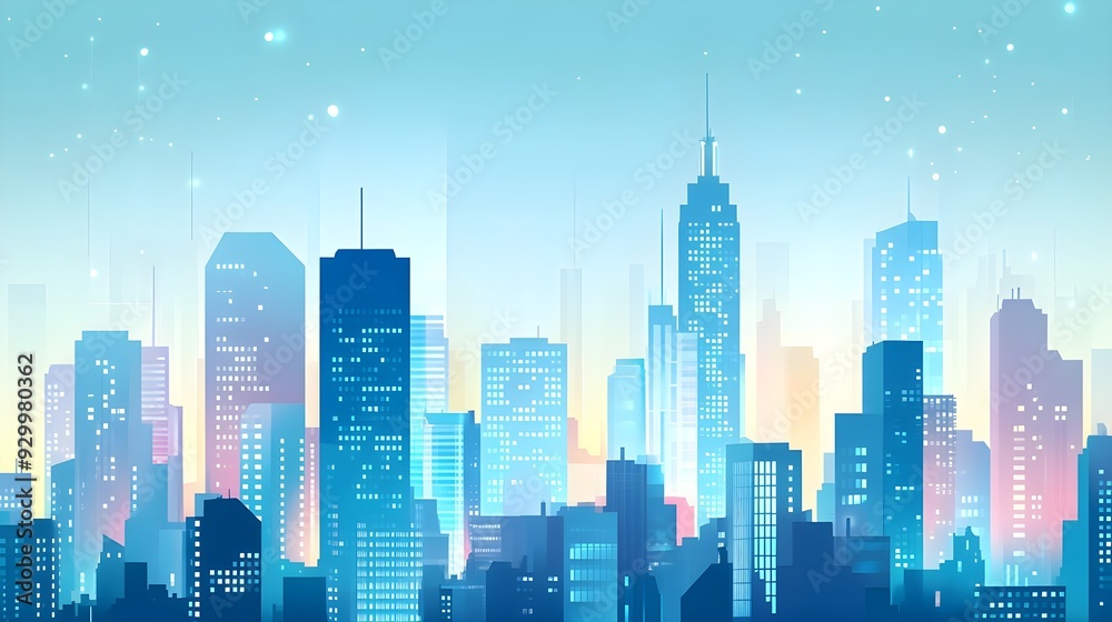 Futuristic City Skyline with Blue and White Glow Futuristic City Skyline with Blue and White Glow
