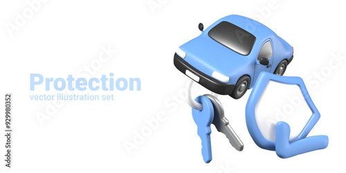 Concept of car insurance. 3D car, keys, shield. Protection. Set of vector templates