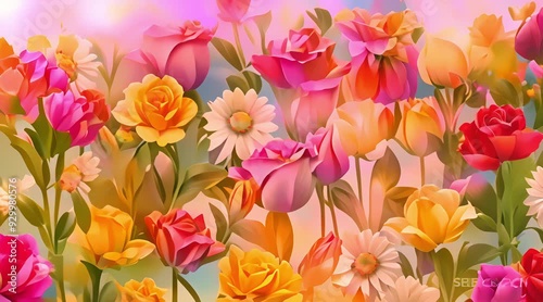 beautiful background of colorful flowers with bright atmosphere, 4k video, generated ai