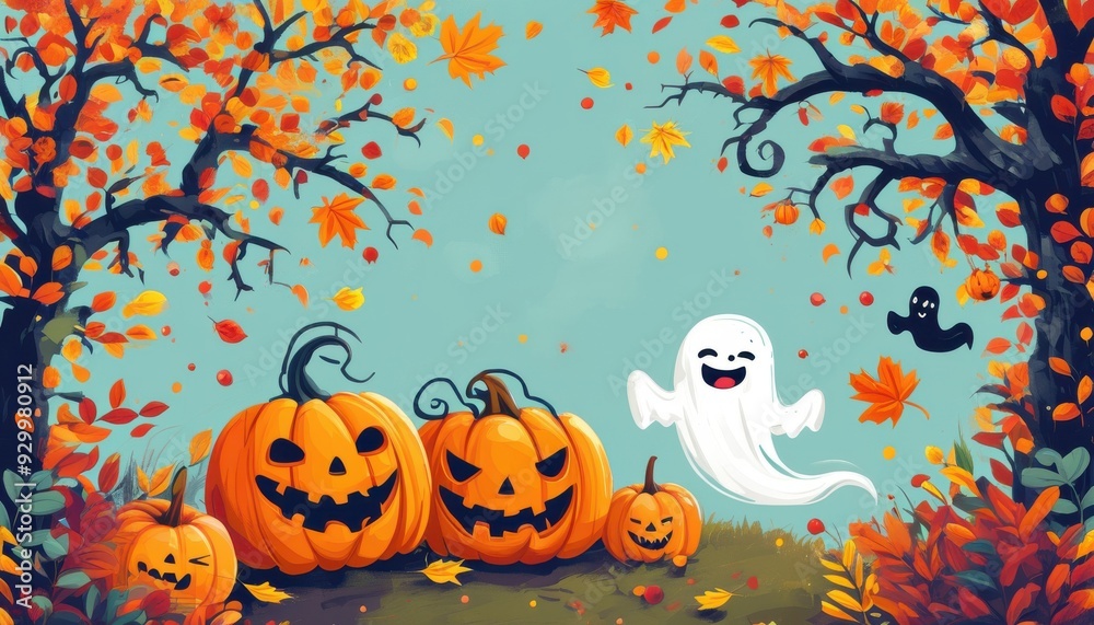 Fototapeta premium A festive collection of Halloween-themed images featuring pumpkins, witches, ghosts, and spooky autumn scenes.