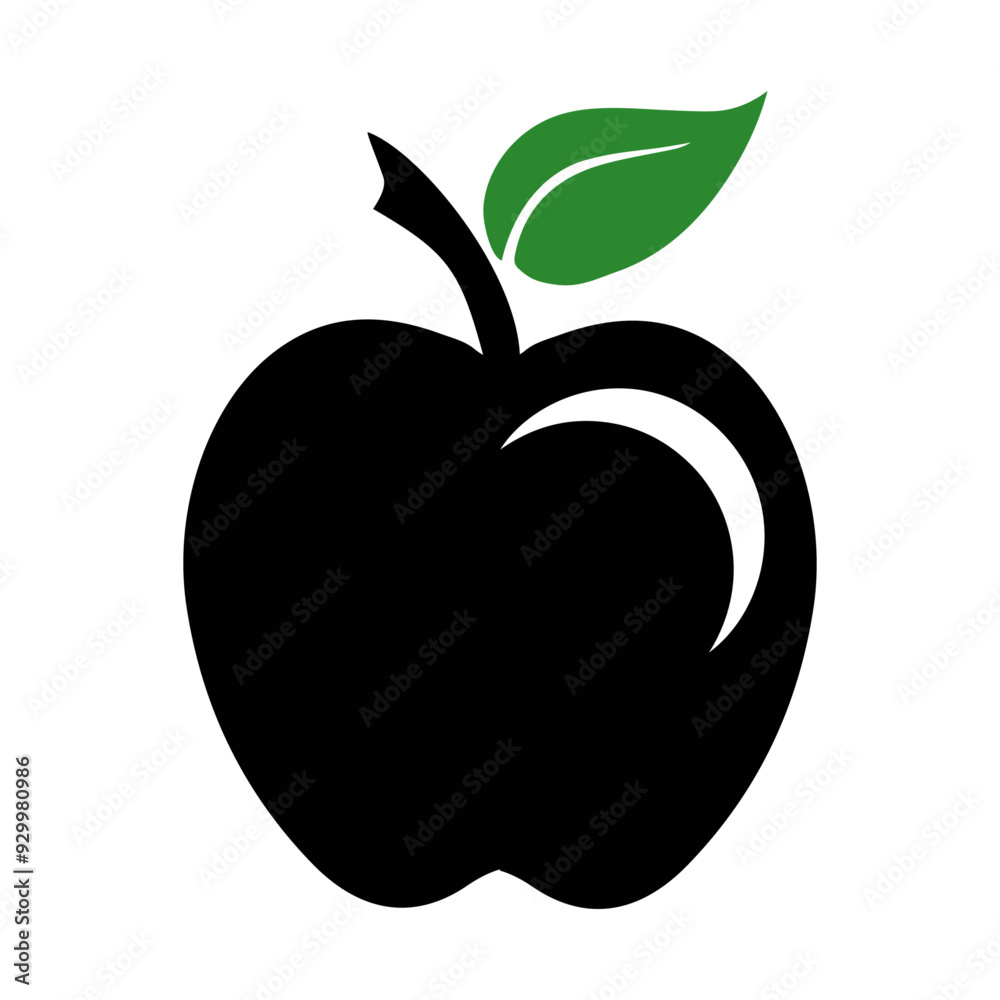 Minimalist black apple logo with green leaf. Minimalist black apple logo with green leaf.