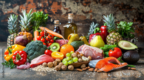 Various healthy foods, such as colorful fresh vegetables and fruit with meat or fish, arranged on the table.