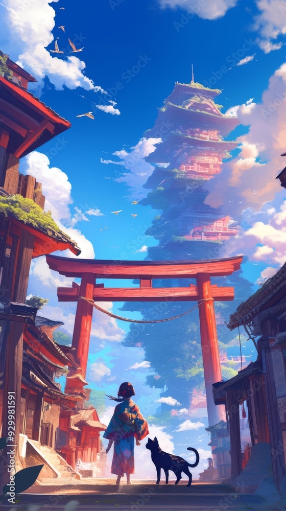 Obraz premium Enchanting Japanese Fantasy Adventure: Vibrant Anime-Style Digital Art Showcasing Ancient Architecture and Cultural Wonders. Perfect for Game Design, Tourism Marketing, UI Elements, and 4K Wallpapers.