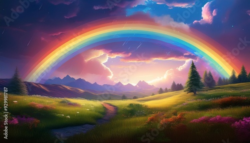 Beautiful sky with a rainbow and nature, paint design