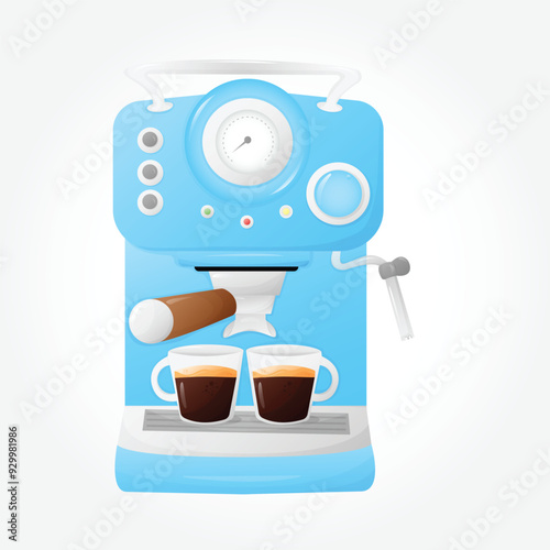 Coffee machine blue, with two expresso cups. Appliance for making different coffee beverages.Cafe hot drink maker. Vector illustration EPS 10