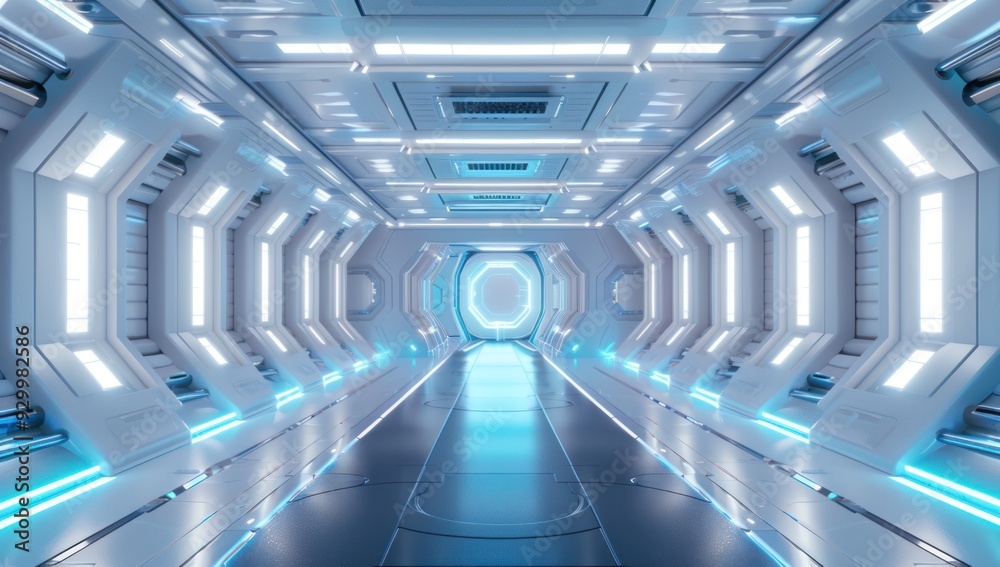 Obraz premium Futuristic white and blue sci-fi interior with glowing lights, futuristic background design for digital art