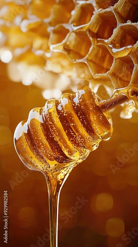 Honey drizzling from honey comb . Closeup macro shot. Generative Ai photo