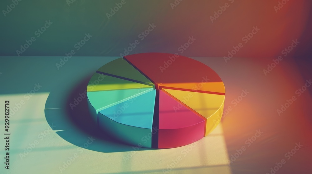 Fototapeta premium A multicolored pie chart on a white surface, illuminated by warm, soft gradient lighting from the side, depicting statistics and data visualization.